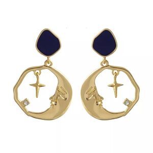 Moon Cross Blue Enamel Stone Crystal Gold Drop Statement Earrings